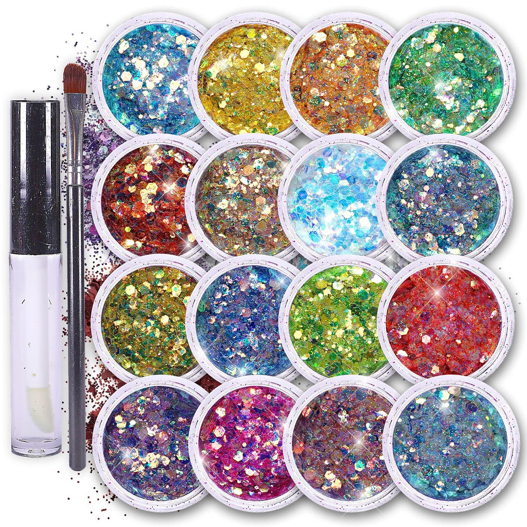 Body Glitter Set For Face & Hair – 16 Colors Fairy Tears Chunky Holographic Festival Glitter Makeup With Glue – Rave, Concert, Euphoria Looks, Cosmetic Grade Glitter