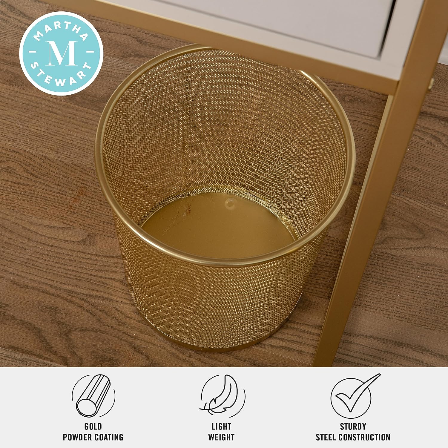 Martha Stewart Ryder Gold Mesh Metal Trash Can, 4.5 Gallon, Wastebasket For Office