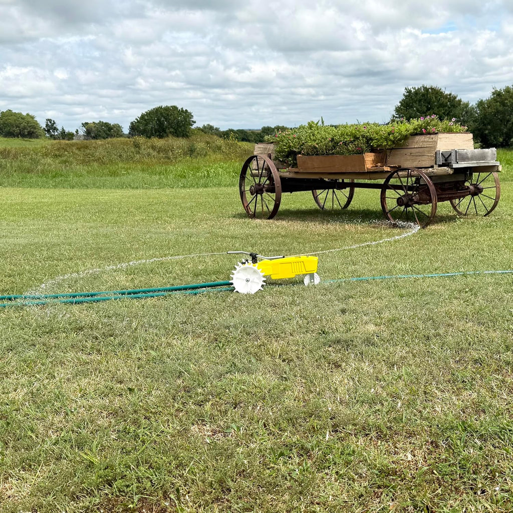 Nelson Rain Train 13,500 Square Feet Cast Iron Outdoor Lawn Traveling Water Sprinkler For Yard, And Garden, With Auto Shut Off, Yellow
