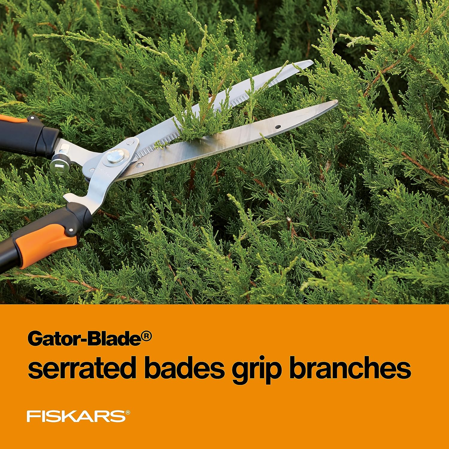 Fiskars Power-Lever Extendable Hedge Shears, Self-Sharpening Serrated Steel Blades For Clean Cuts, Handles Adjust 25"-33" For High Reach, Multiplies Leverage For 2X Power, 10" Blades, Orange/Black