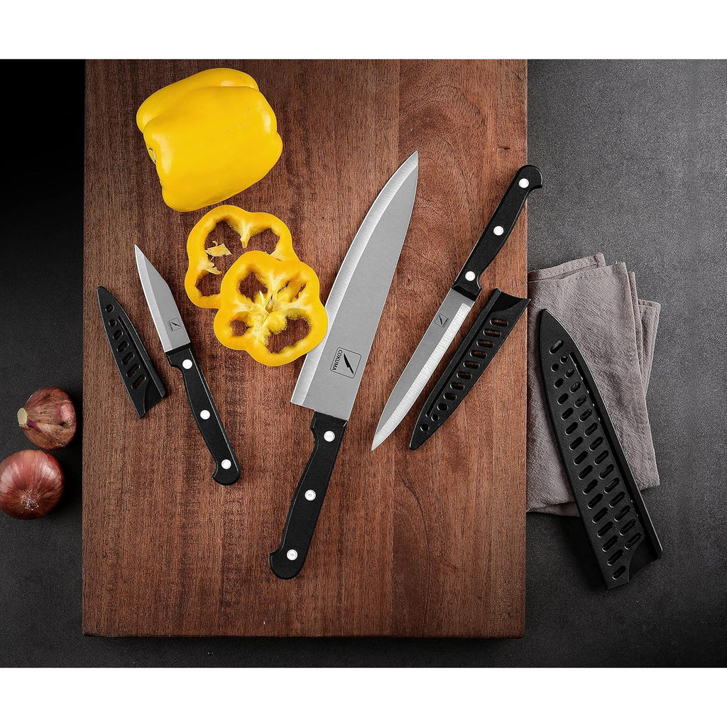 COKUMA Kitchen Knife, 3-Pcs Knife Set With Sheath, 8 Inch Chef Knife, 4.5 Inch Utility Knife, 4 Inch Paring Chef Knife, Stainless Steel, Black