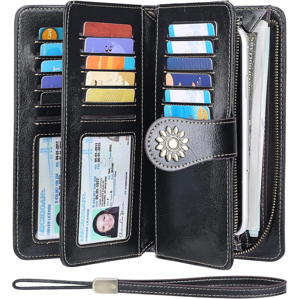 Lavemi Womens Large Capacity Genuine Leather RFID Blocking Wallets Wristlet Clutch Card Holder