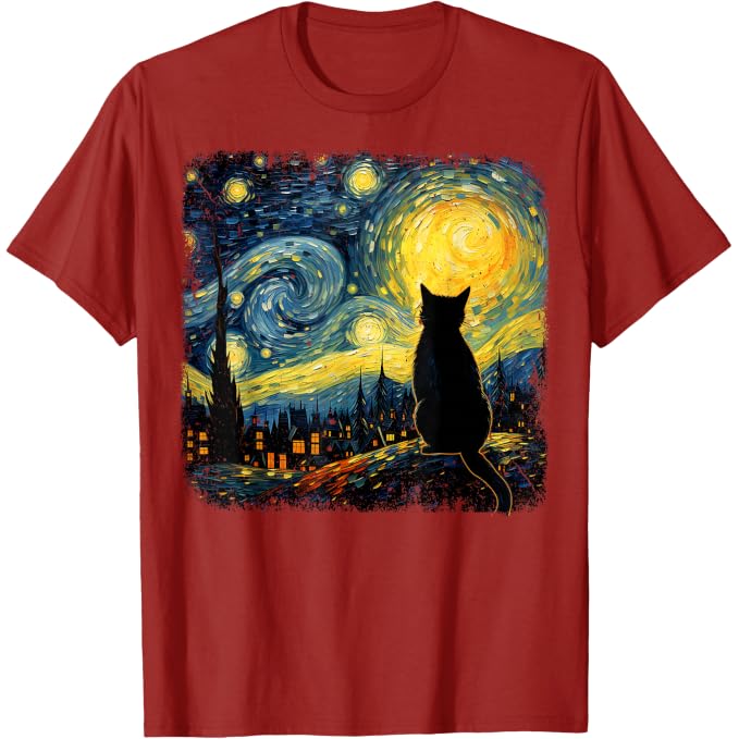 Funny Cat Starry Night Van Gogh Art T Shirts for Cat Lovers Mom Dad Tees