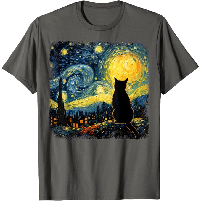 Funny Cat Starry Night Van Gogh Art T Shirts for Cat Lovers Mom Dad Tees