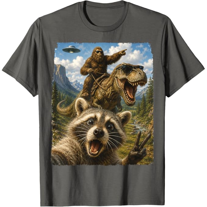 Funny Raccoon Selfie Bigfoot T Rex UFO | Funny T-Shirt