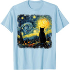 Funny Cat Starry Night Van Gogh Art T Shirts for Cat Lovers Mom Dad Tees