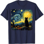 Funny Cat Starry Night Van Gogh Art T Shirts for Cat Lovers Mom Dad Tees