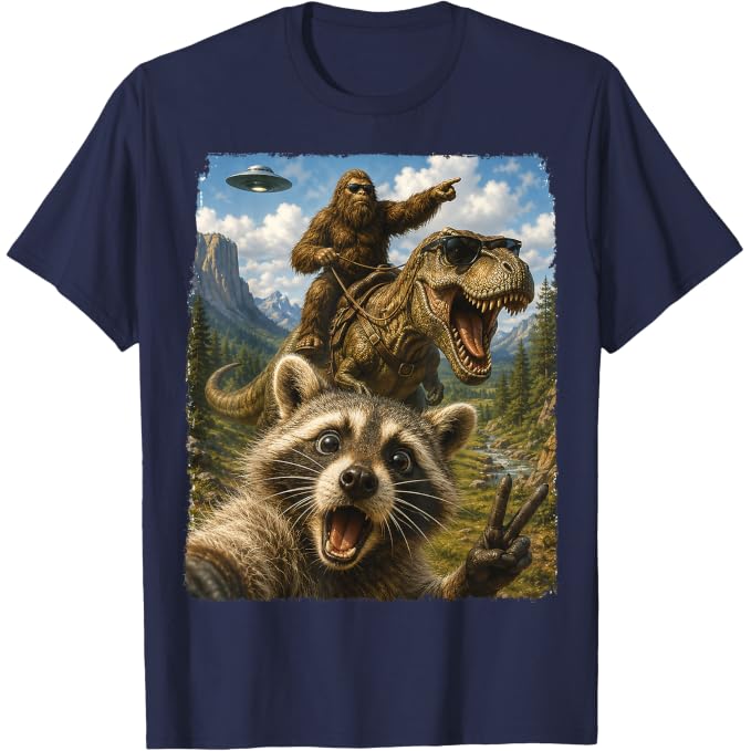 Funny Raccoon Selfie Bigfoot T Rex UFO | Funny T-Shirt