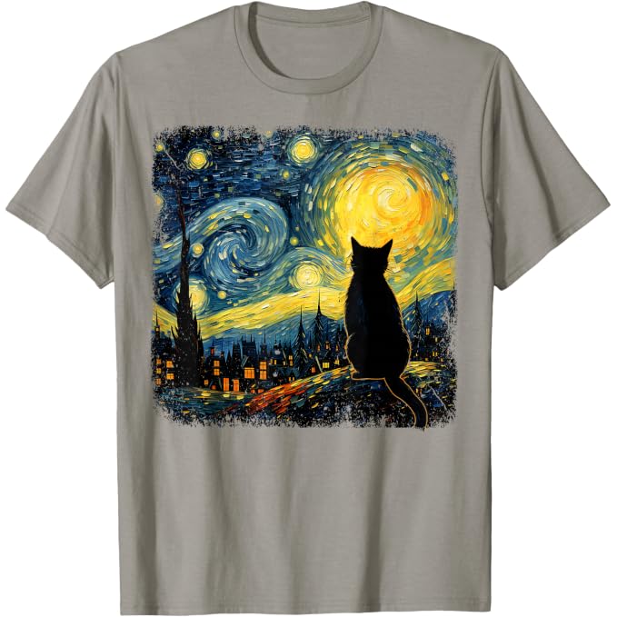 Funny Cat Starry Night Van Gogh Art T Shirts for Cat Lovers Mom Dad Tees