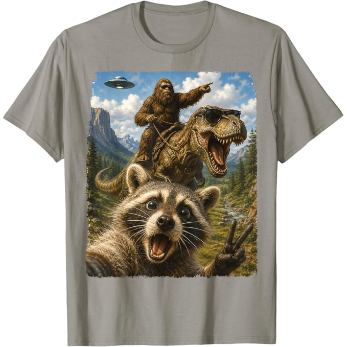 Funny Raccoon Selfie Bigfoot T Rex UFO | Funny T-Shirt