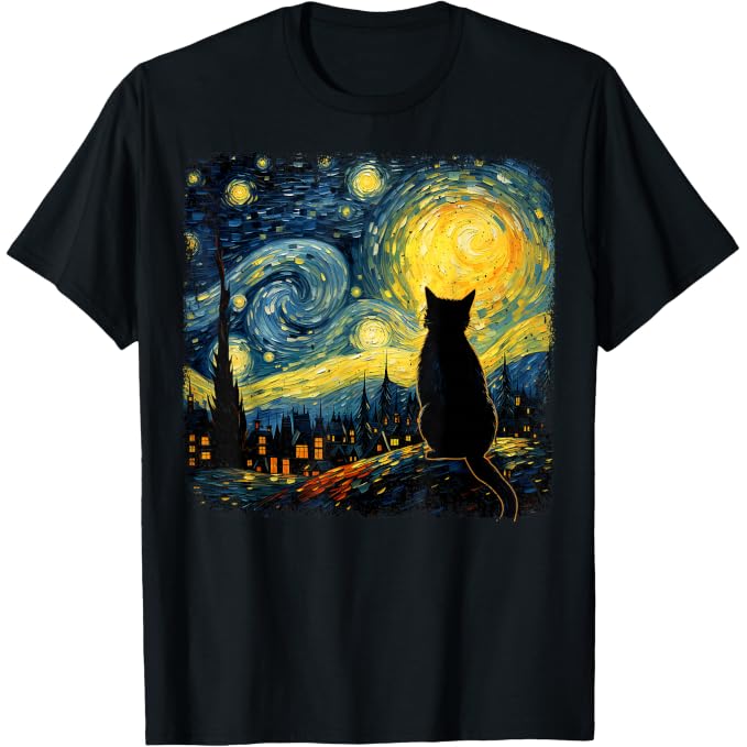 Funny Cat Starry Night Van Gogh Art T Shirts for Cat Lovers Mom Dad Tees