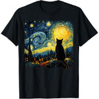 Funny Cat Starry Night Van Gogh Art T Shirts for Cat Lovers Mom Dad Tees