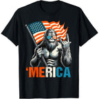 Bigfoot Merica Rock American Flag Patriotic 4th of July T-Shirt