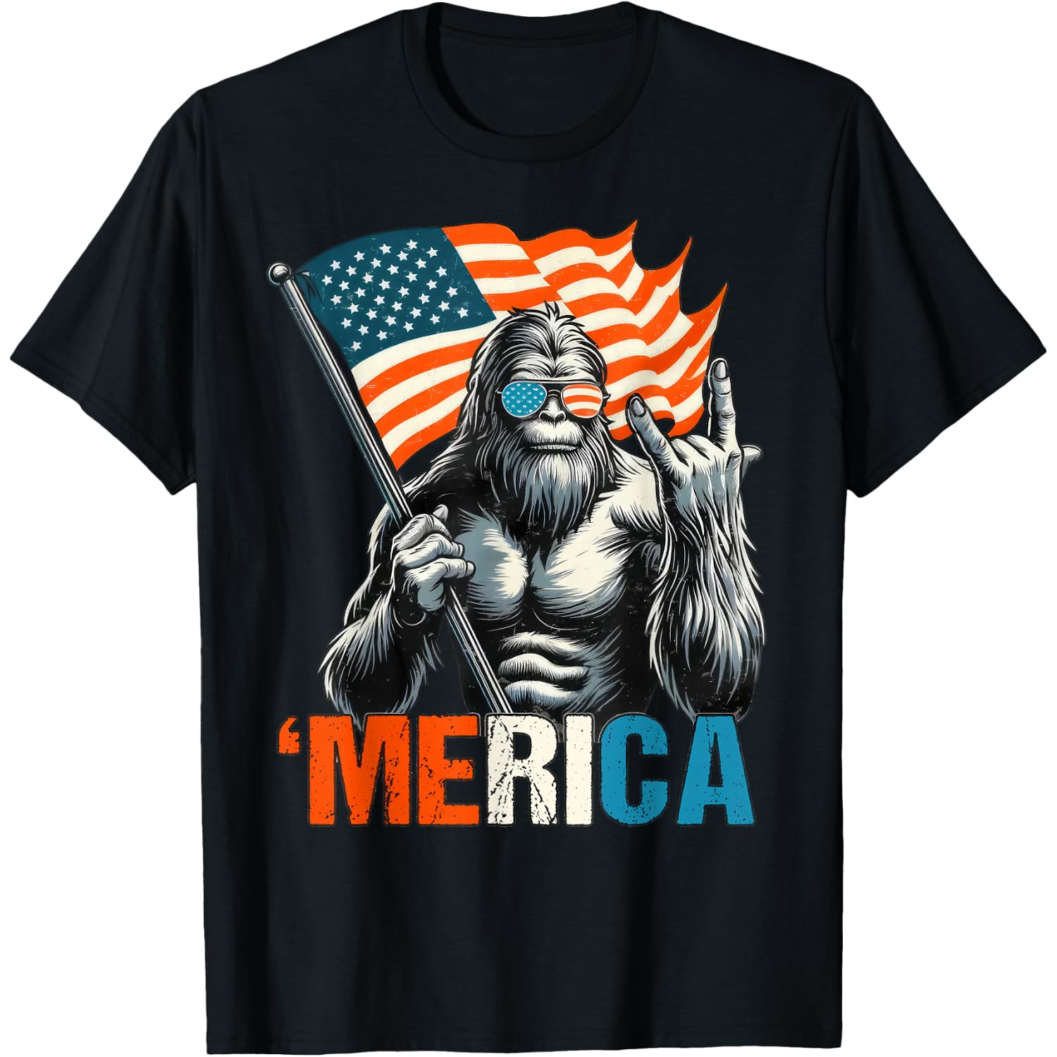 Bigfoot Merica Rock American Flag Patriotic 4th of July T-Shirt